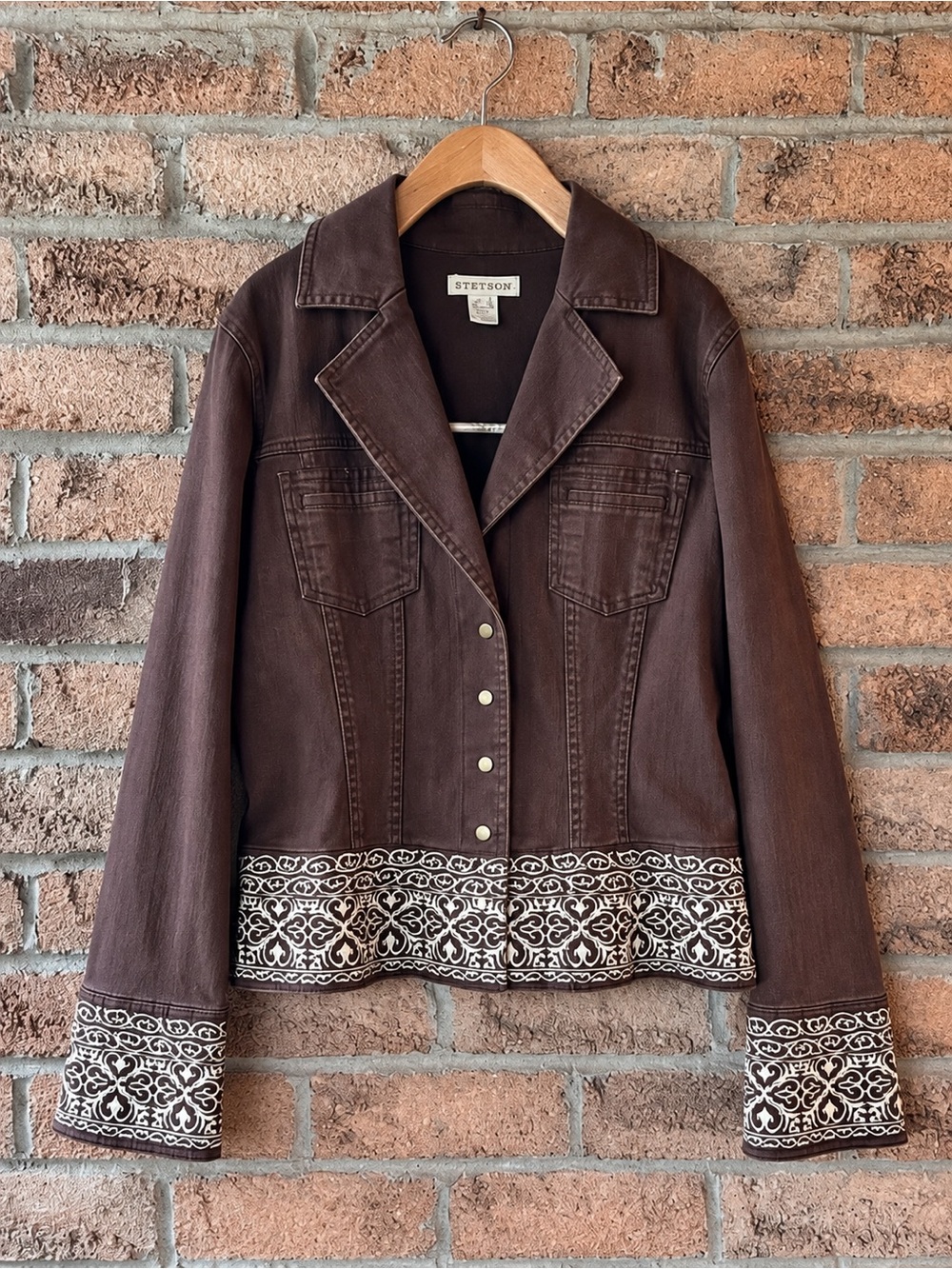 STETSON Brown Embroidered Western Denim Jacket Medium Y2K Cowgirl Boho